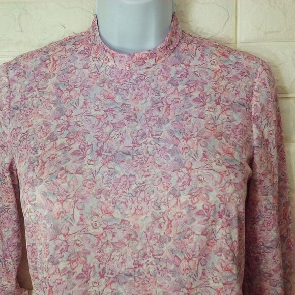 Vintage 60s Handmade Floral Blouse Top S-6 Mockneck LSL Metal Back-Zip Polyester - Picture 4 of 11